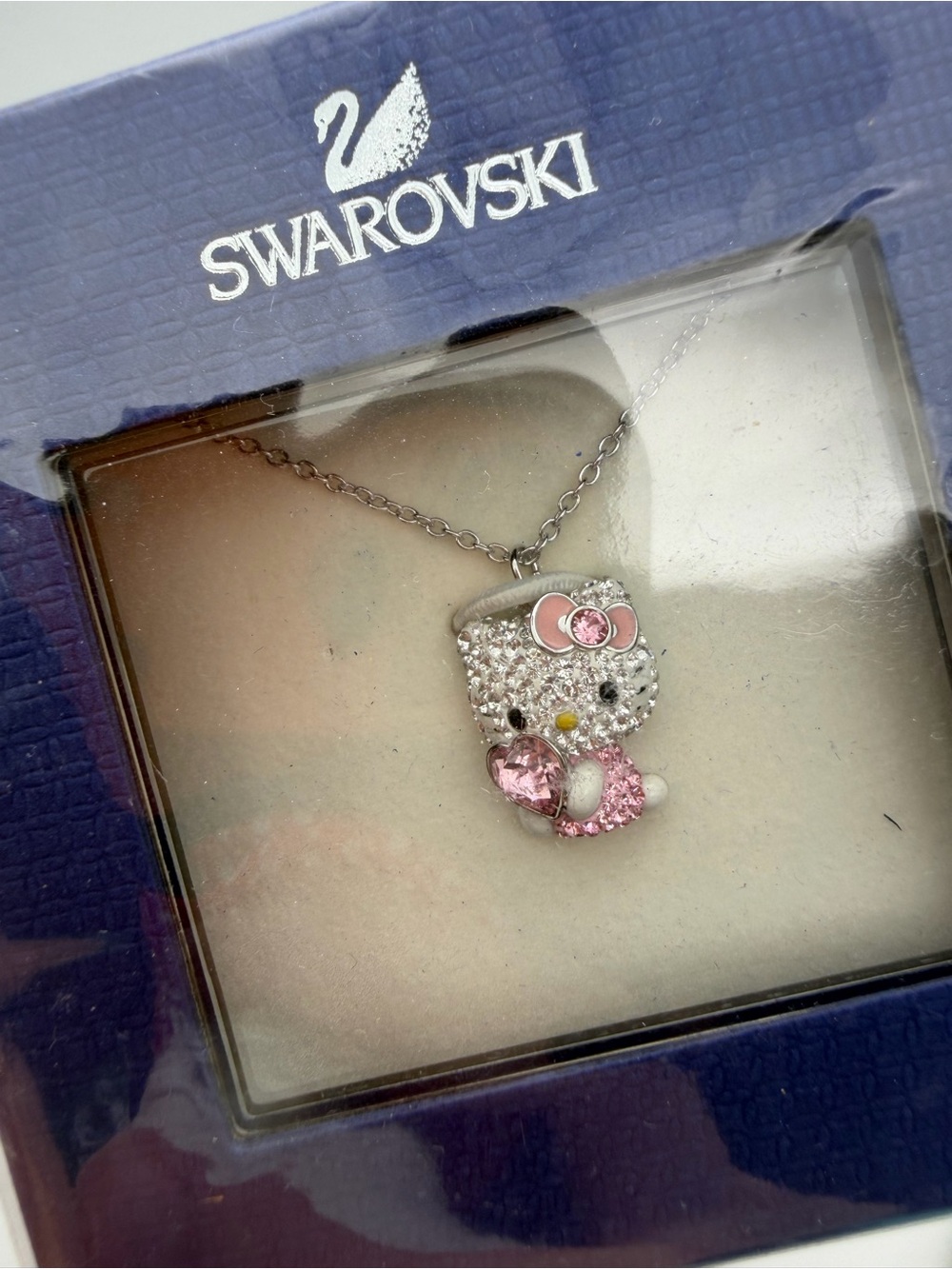Swarovski Hello Kitty Heart Pendant Necklace Pink Crystal Rhodium New